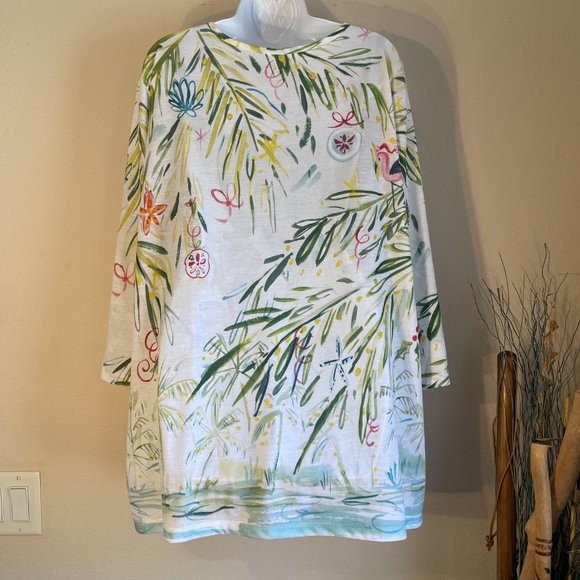 Coral Bay Tropical Holiday Top 3X Scoop Neck Palm Trees Flamingos Holly Santa - Picture 2 of 7